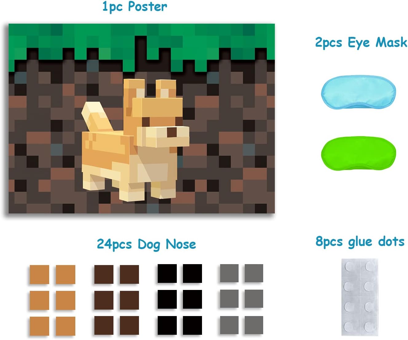 Miner crafting Party Supplies, Pin the Nose on the Dog Pixel Pin the Tail Game. Juegos de minería, papel de placa de cobre grande de 5.54 oz, vendas