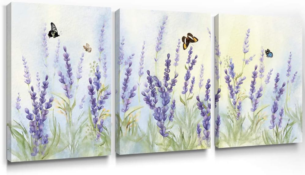 Slody Arte de pared morado con estampado de flores modernas de lavanda, cuadro floral de mariposa, paisaje de primavera, arte botánico enmarcado