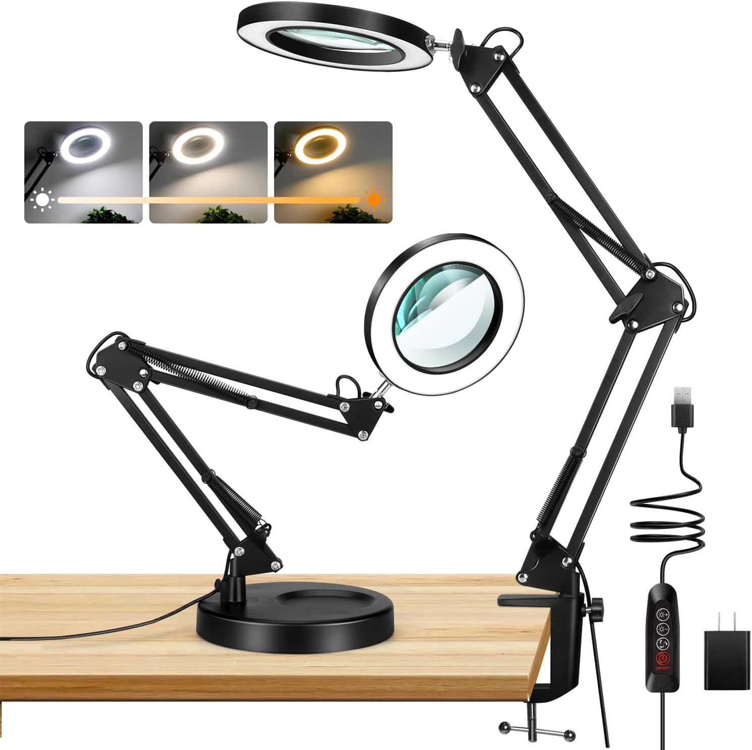 Drdefi – Lupa 10X con luz y soporte, lupa LED 2 en 1, 3 modos de color regulable continuo, lámpara de escritorio con aumento manos libres con
