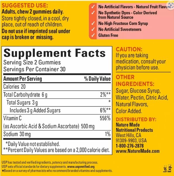 Nature Made Dosis Extra Strength Vitamina C, 500 mg por porción de gomitas, 60 unidades y marcapáginas de regalo YOLOMOLO