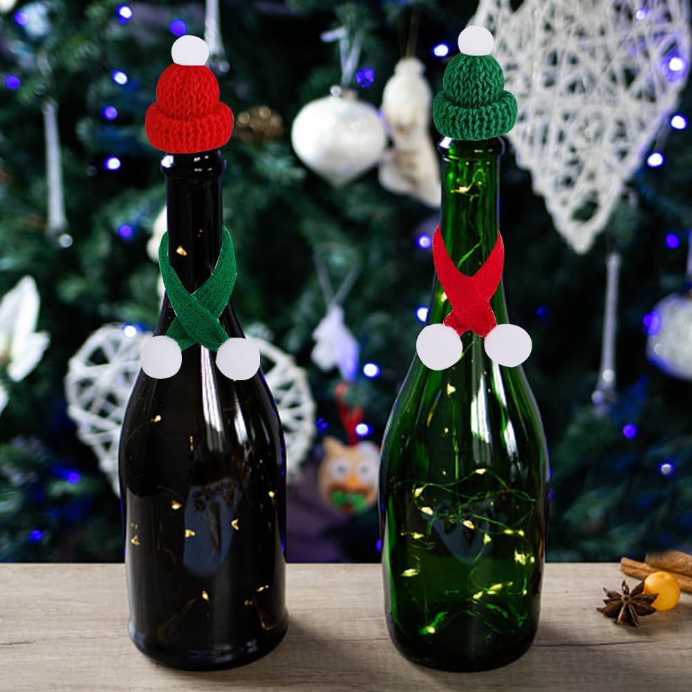 WEBEEDY 24 piezas de adornos de Navidad, mini sombreros de Papá Noel, bufanda de Navidad y guantes de punto, accesorios de decoración para botella