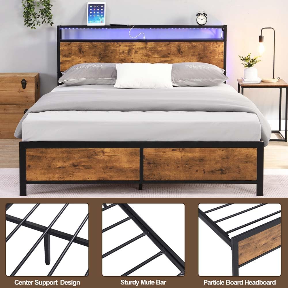 Base de cama de plataforma de metal tamaño Queen con cabecero y estribo de madera con luces USB y LED, no necesita somier, gran almacenamiento