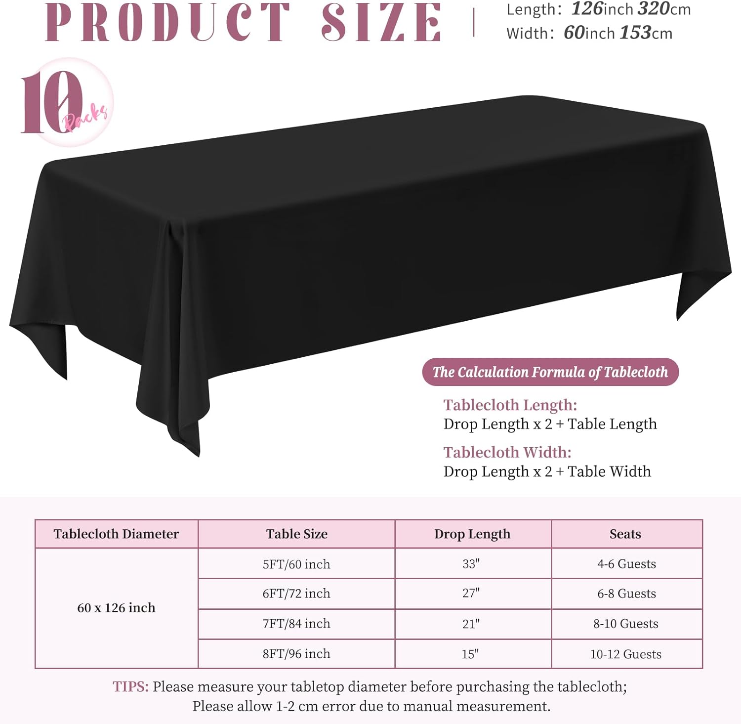 FXKS Paquete de 10 manteles rectangulares de poliéster de 60 x 126 pulgadas, resistentes a las manchas y a las arrugas, lavables, mantel impermeable
