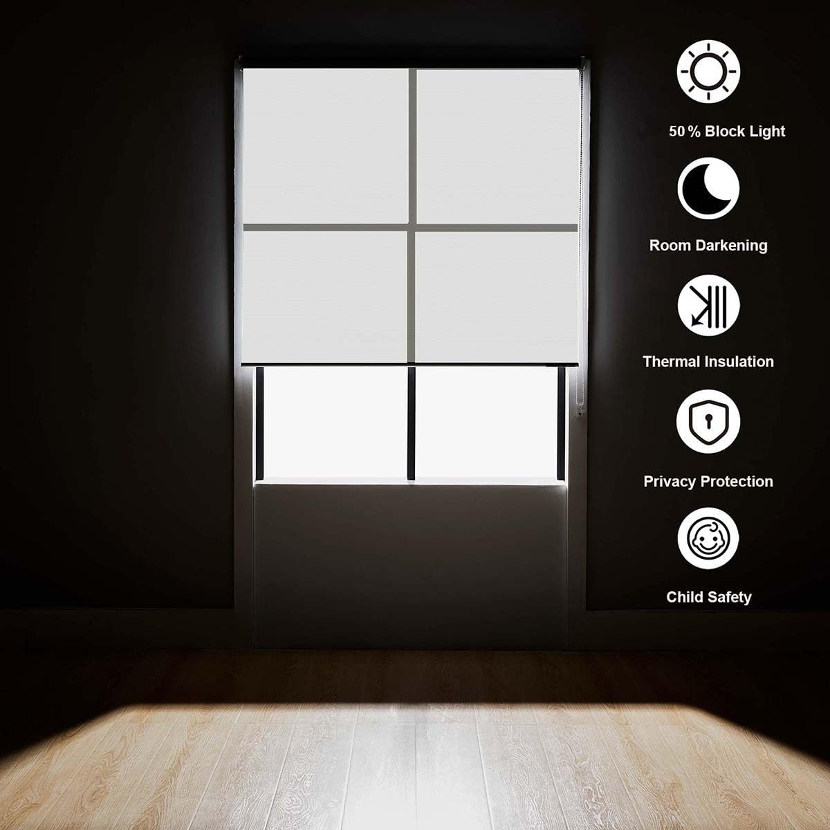 Persianas enrollables 50 % opacas, para oscurecer la habitación con tela aislante térmica, con cadena, para hogar y oficina (blanco – 56 pulgadas de