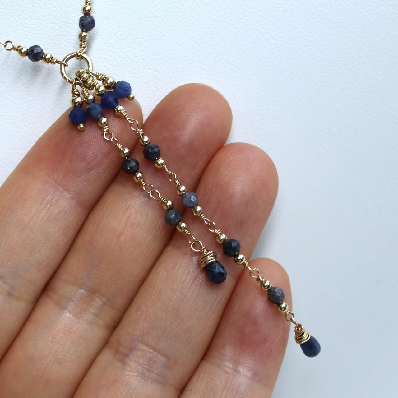 Blue Sapphire Lariat 14K Gold Filled Chain Tassel Necklace, Y Delicate Chain Necklace. Gifts for Women (17″ + 2.5″ extender, 925 sterling silver)