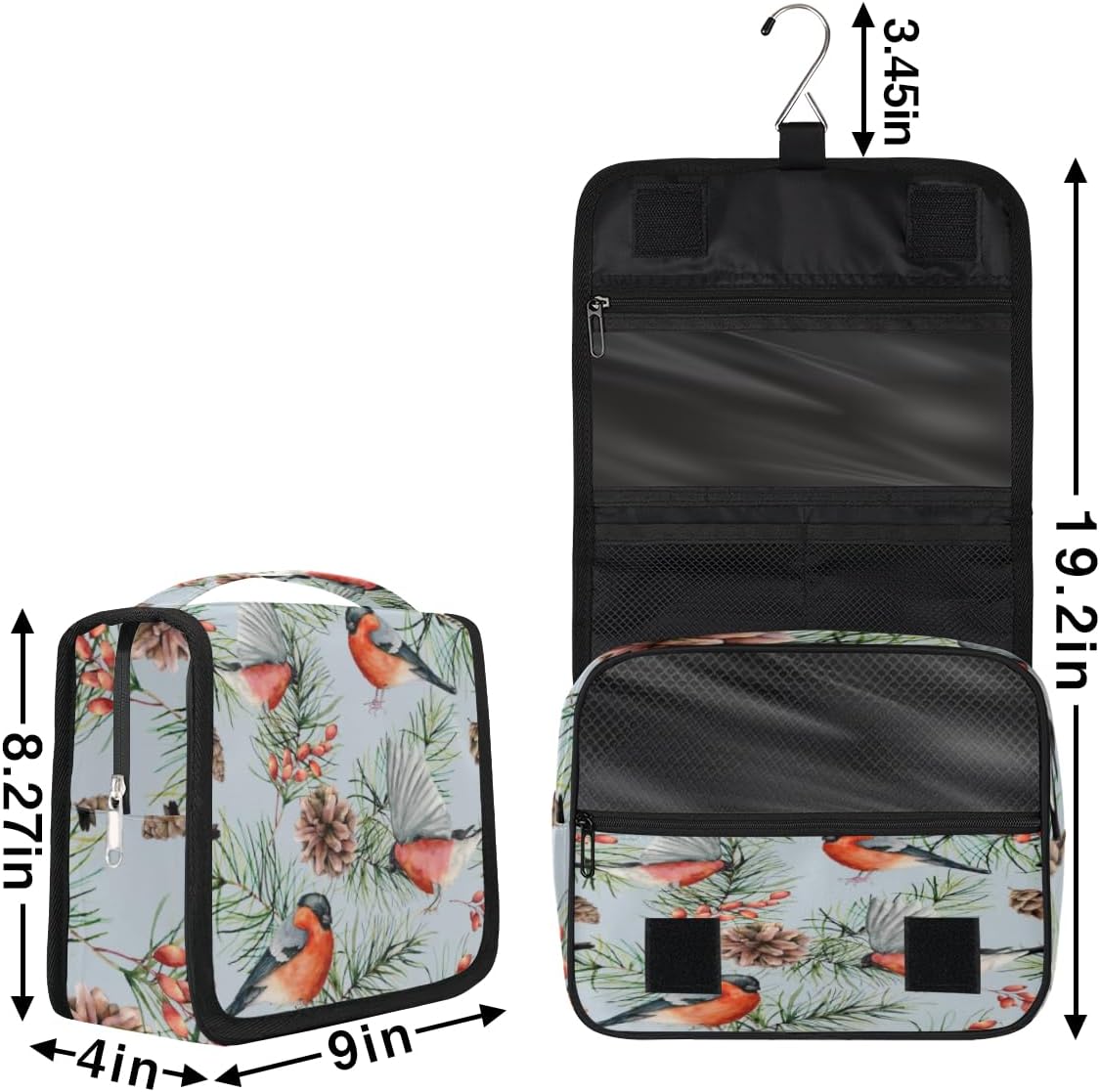 QsirBC Bolsa de aseo de pájaros de camachuelo de acuarela para mujer, organizador de maquillaje de viaje con gancho para colgar, bolsas de