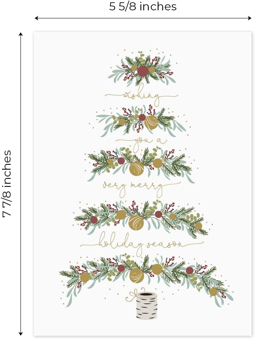 Between The Branches – Tarjetas navideñas de papel de aluminio dorado, 16 tarjetas de Navidad en caja con sobres forrados de aluminio, tarjetas de
