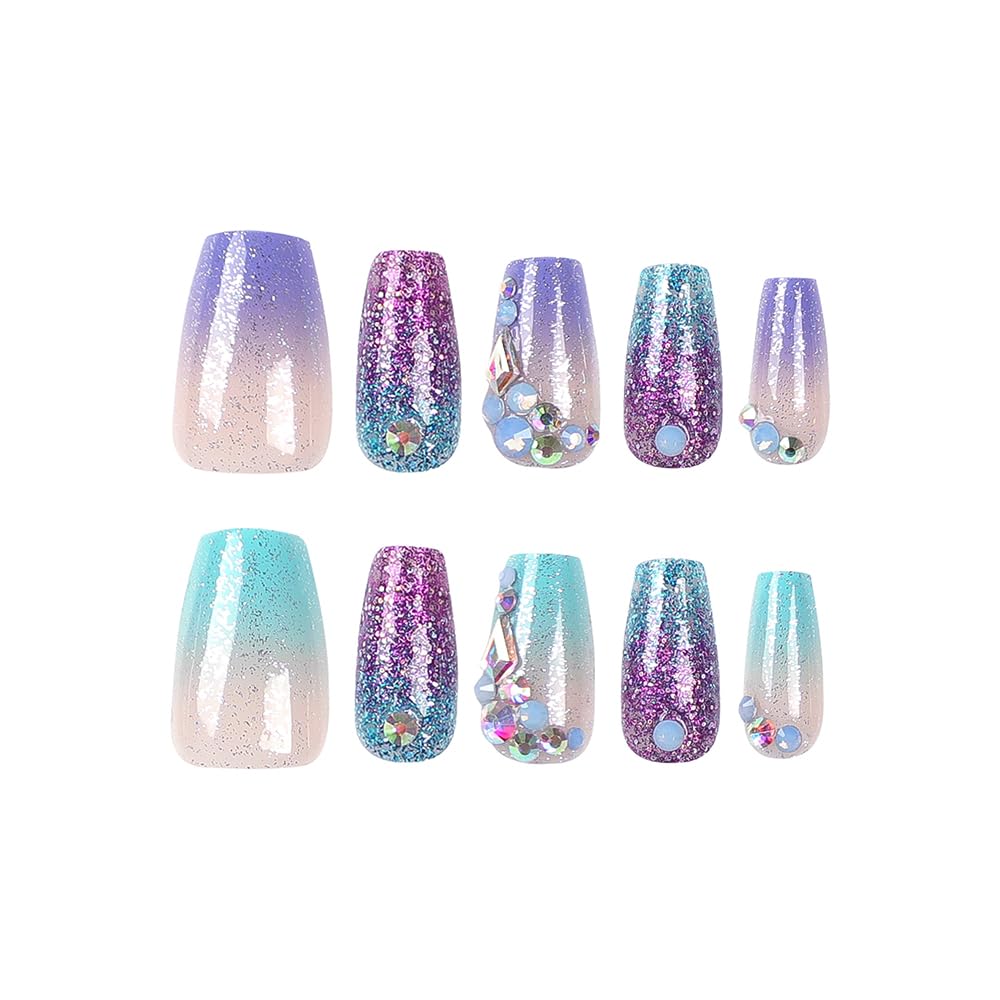 Uñas postizas medianas a presión con diamantes de imitación con purpurina colorida y diseño degradado, uñas postizas acrílicas, uñas artificiales
