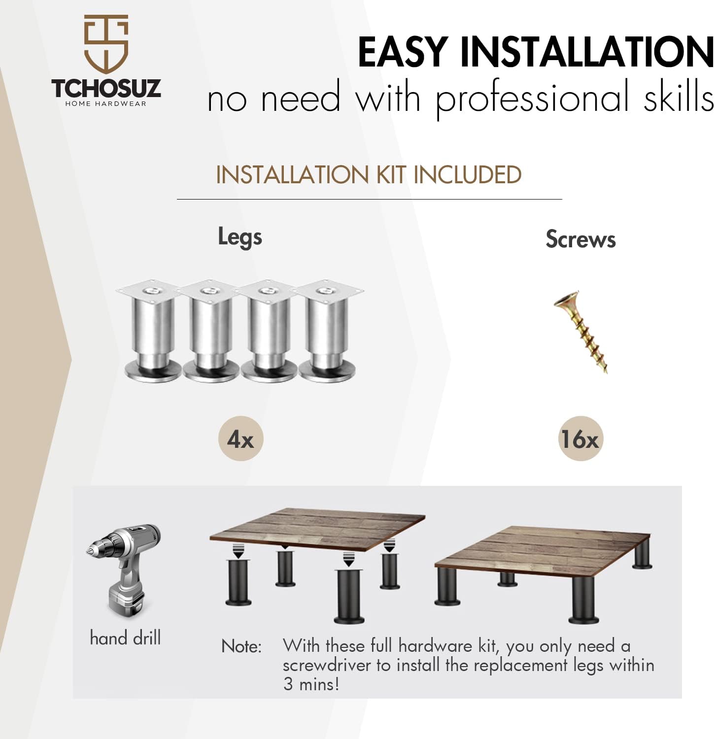 Patas de metal para muebles de 8 pulgadas  7.9 in, paquete de 4 patas de repuesto modernas de acero inoxidable para proyectos de bricolaje en el