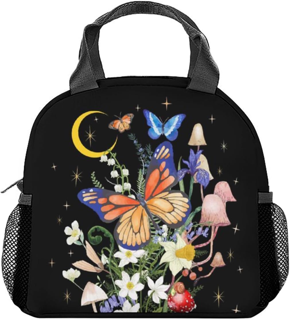 Lonchera de mariposa para niñas y mujeres, bolsas de almuerzo reutilizables aisladas con asa – Pequeña lonchera negra linda para niños – Ideal para