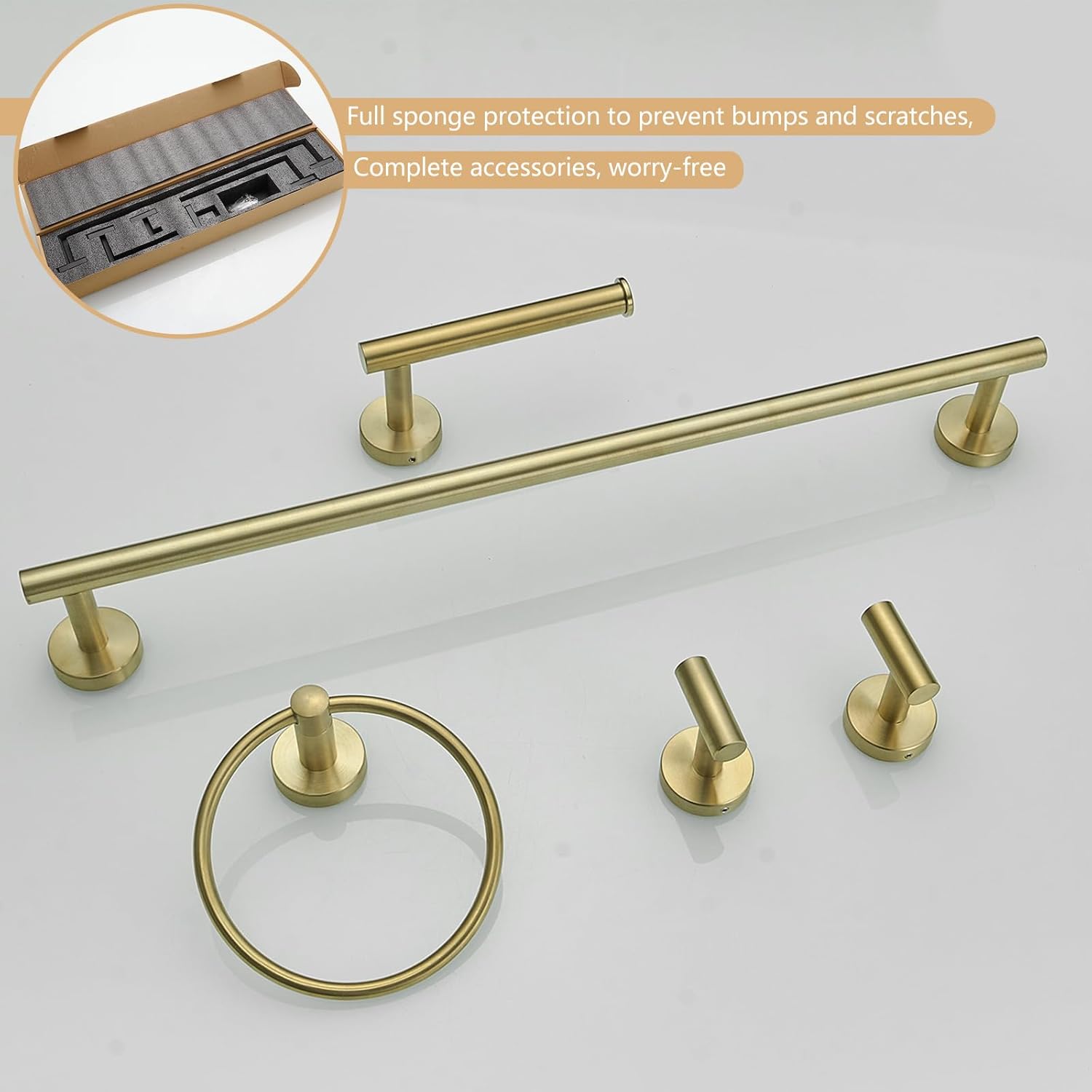 Juego de 5 piezas de accesorios de baño de oro cepillado de 24 pulgadas, juego de toallero de mano de granja y 2 ganchos para toallas, montaje en