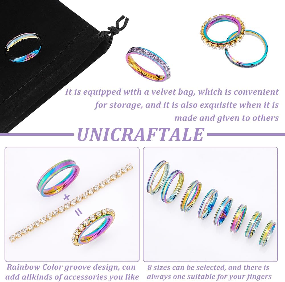 UNICRAFTALE 24 piezas de anillo en blanco arcoíris de 8 tamaños de acero inoxidable ranurado anillo redondo vacío en blanco anillo para