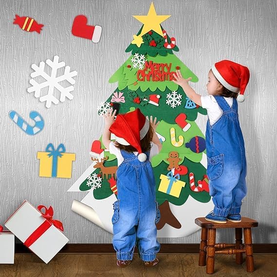 YIKSORE Árbol de Navidad de fieltro, árbol de Navidad Montessori para niños pequeños, juegos de árbol de Navidad artesanales para niños, calcomanías