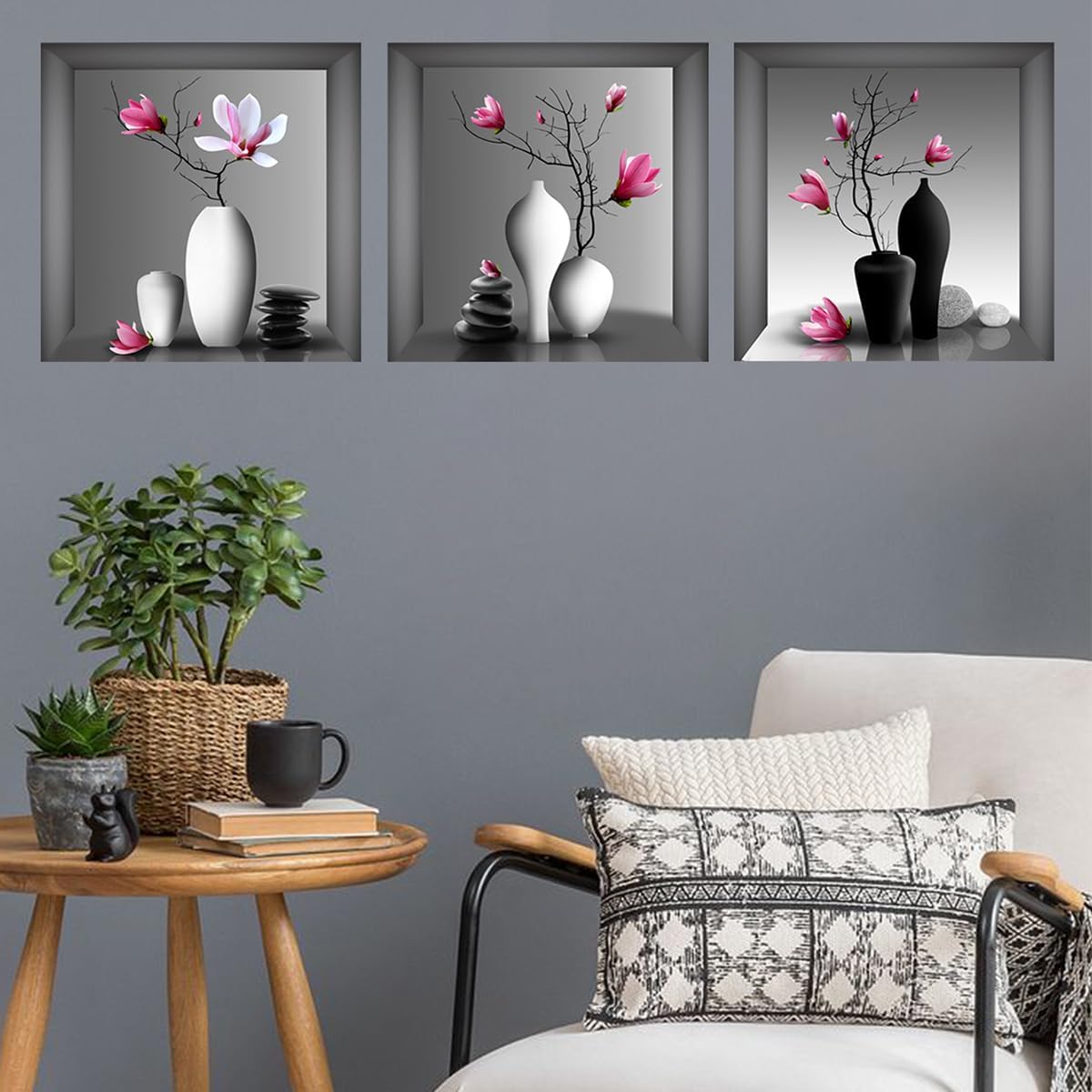 Calcomanías de pared para jarrones 3D, color blanco y negro, piedras estéreas, orquídeas, flores, impermeables, removibles, plantas de flores rosas,