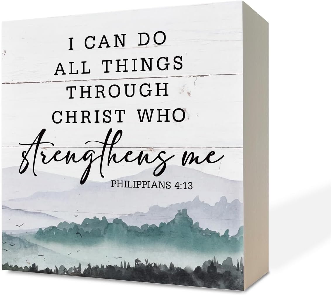 Letreros de madera cristiana, versículo bíblico, filipenses 413  I Can Do All Things Through Christ Who Strengthens Me, decoración de mesa
