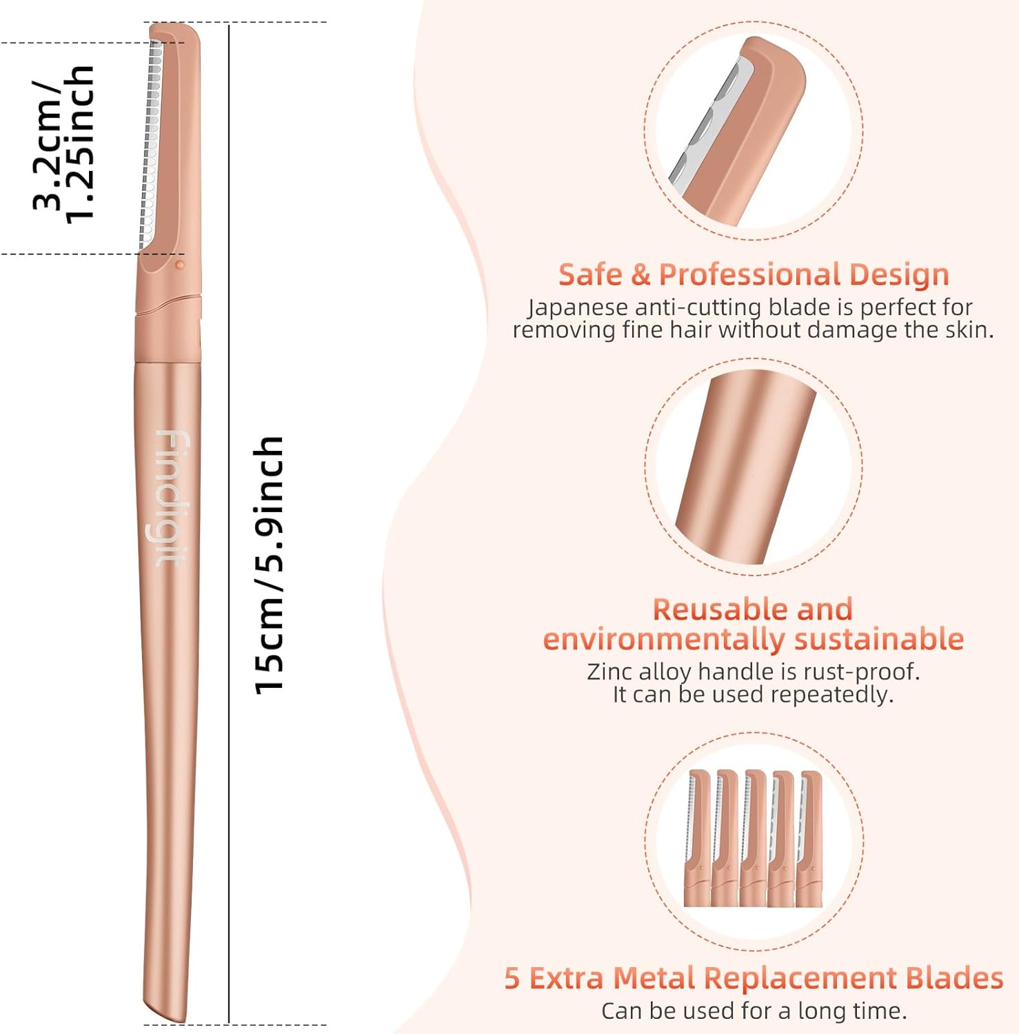 Findigit Herramienta de dermaplaning para cara con 6 cuchillas de recambio, maquinilla de afeitar Dermaplane, removedor de pelusas de melocotón,