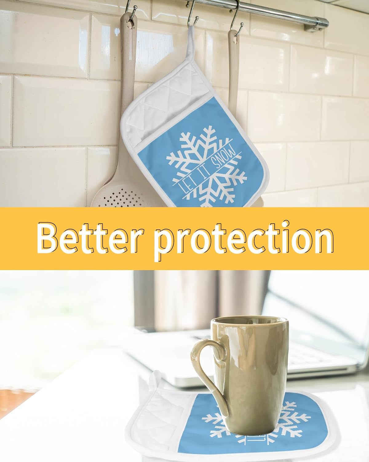 Snowflake 2Pcs Pot Holders for Kitchen,Non Slip & Heat Insulation Terry Cloth Potholder Set with Pocket,Thick Hot Pad Oven Mitts Trivet Coaster for