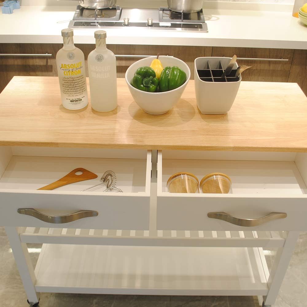 Isla de cocina rodante y carrito de cocina con 2 cajones, 2 estantes de almacenamiento, toallero y dos ruedas giratorias con bloqueo, mesa de