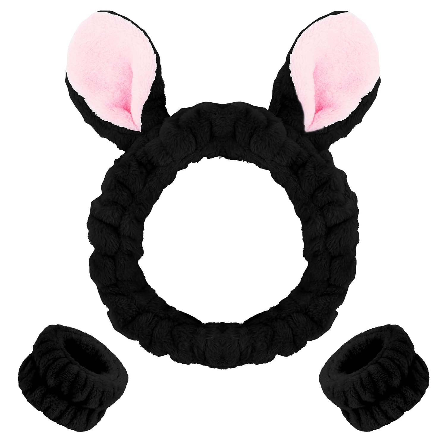 WHAVEL Juego de 3 diademas de spa y muñequeras, lindas diademas de orejas de conejo para lavar la cara, maquillaje, diadema facial, muñequeras para
