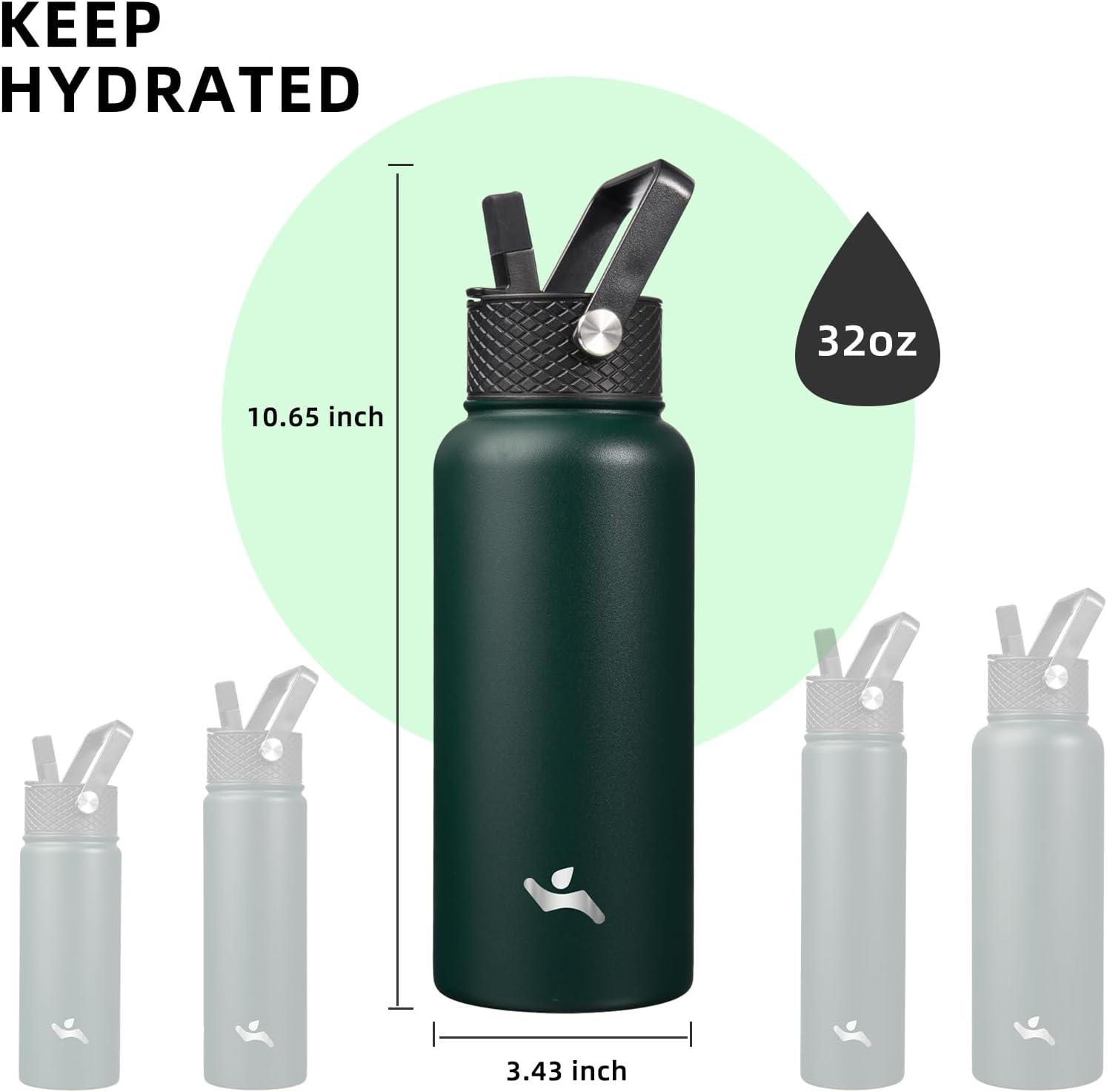 Botella de agua aislada con popote, 32 onzas, 3 tapas, botellas de metal, botella de agua de acero inoxidable, verde militar