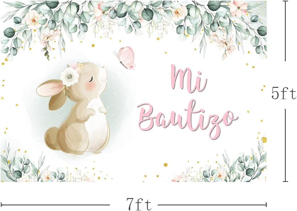 MEHOFOND Telón de fondo de bautismo Mi Bautizo de 7 x 5 pies, Dios bendiga la primera comunión, conejito de bautizo, acuarela, rosa, floral, recién