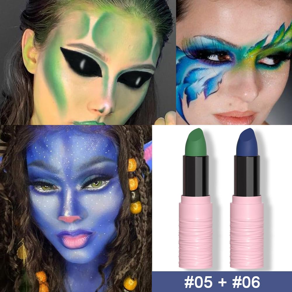 evpct Juego de 2 lápices labiales de color verde y azul mate mate para rostro y cuerpo, de alto impacto, con fórmula cremosa hidratante, béisbol,