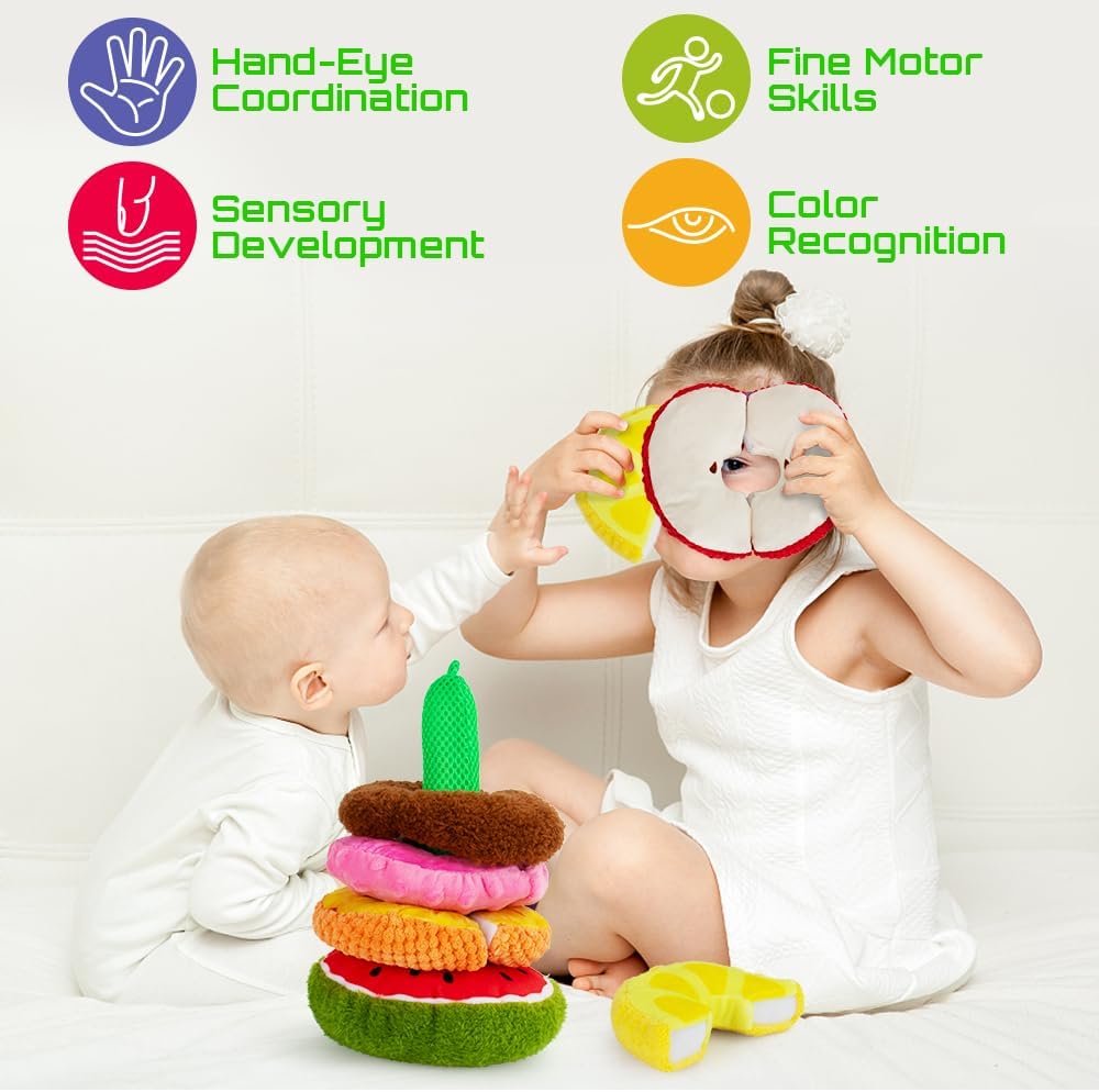 beetoy Juguetes apilables para bebés, actividades de aprendizaje preescolar para niños pequeños para aprender frutas, juguetes sensoriales de frutas