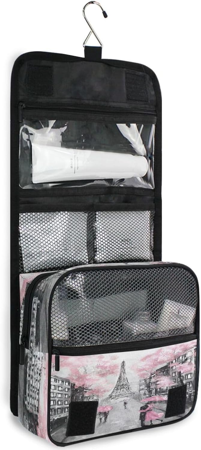 DEHOZO Bolsa de aseo colgante, Francia París, Torre Eiffel, arte de acuarela, hojas, palmeras, árbol, bolsa de maquillaje portátil, organizador de
