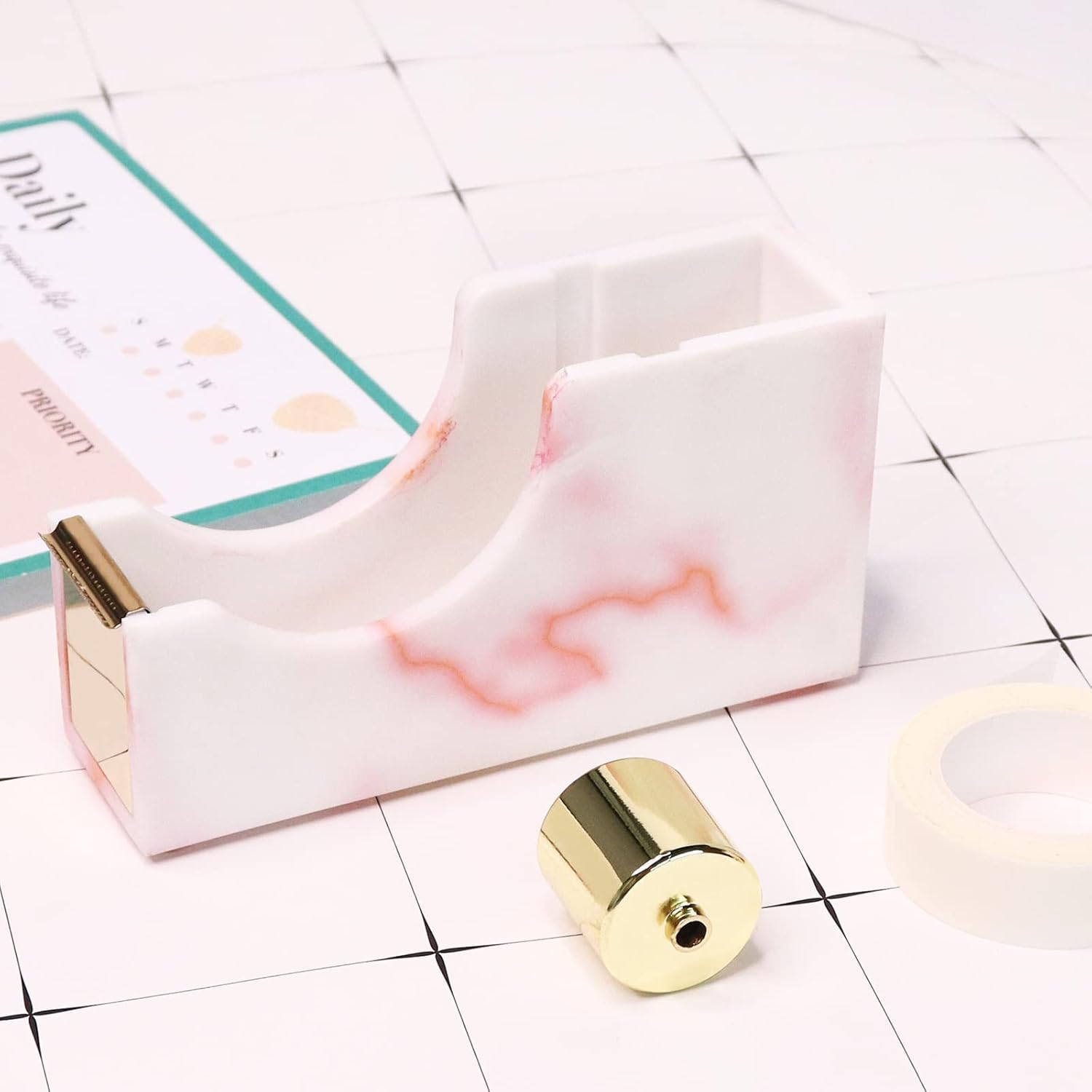 Dispensador de cinta de escritorio rosa mármol, dispensadores de cinta acrílica de núcleo de 1 pulgada, base antideslizante, accesorios de