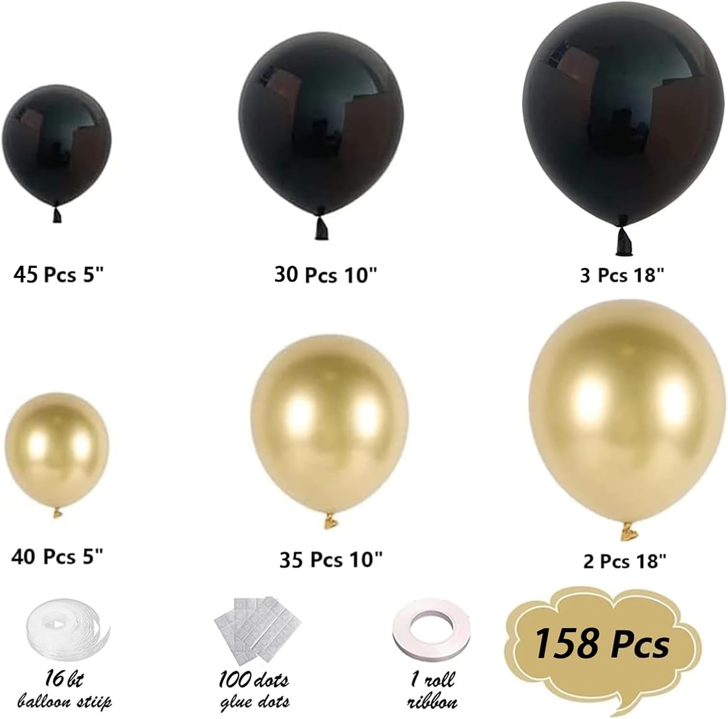 Kit de arco de guirnalda de globos negros y dorados, 158 piezas de globos de látex de 18, 10, 5 pulgadas, para baby shower, cumpleaños, boda,