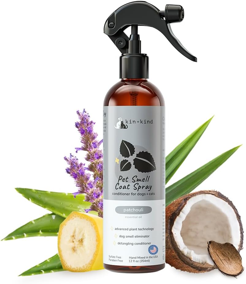 kin+kind Spray para perros (12 onzas líquidas), fórmula desodorizante de pachulí con aroma de colonia para perros de larga duración con aloe vera,