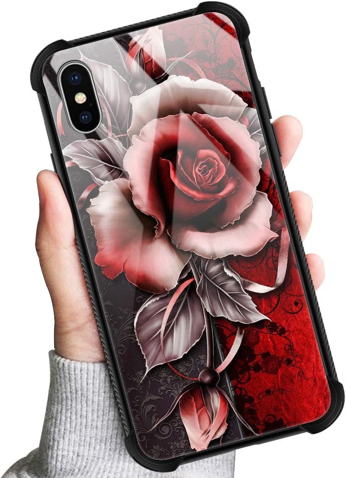 TnXee Funda compatible con iPhone Xs, funda de rosa fantasía para iPhone X, fundas para niñas y mujeres, diseño de patrón para iPhone XXS Red Rlower