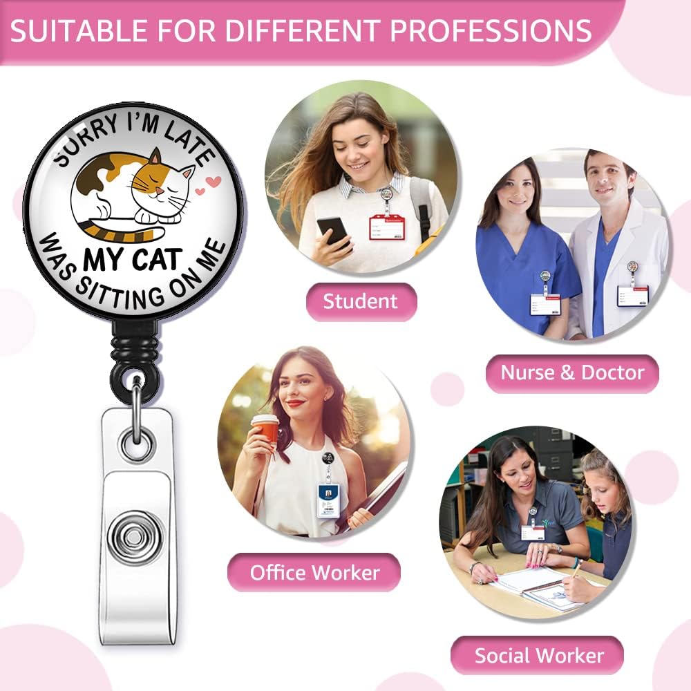 GEYGIE Carrete retráctil con clip de cocodrilo, divertido soporte para tarjetas de identificación de gato, regalo para trabajadores de oficina,