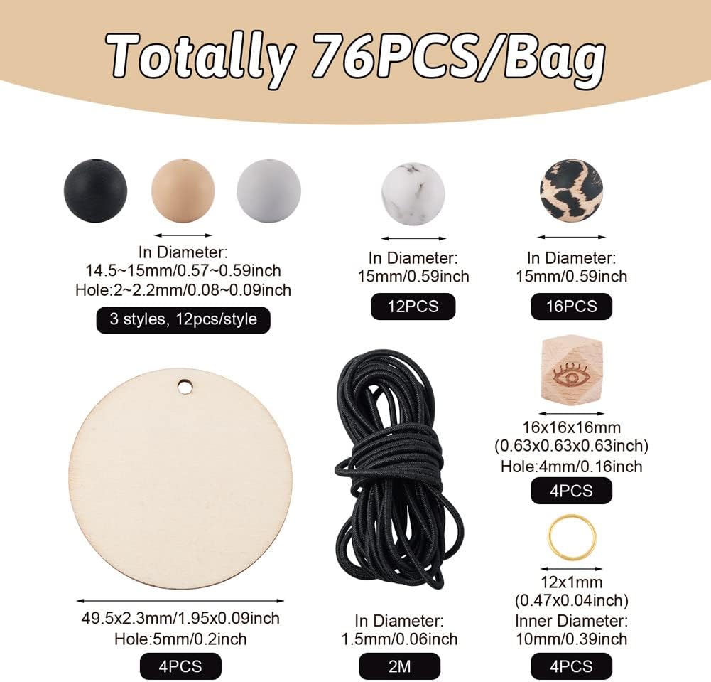 Kit de fabricación de pulseras de silicona, 64 cuentas redondas de silicona con 4 cuentas de madera octágonas con patrón de ojos, 4 colgantes de
