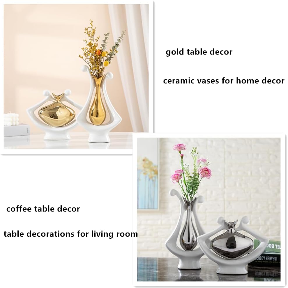 Anding Jarrón de cerámica blanco y dorado, jarrón moderno de decoración del hogar, jarrón de hierba de pampas, adecuado para centro de mesa,