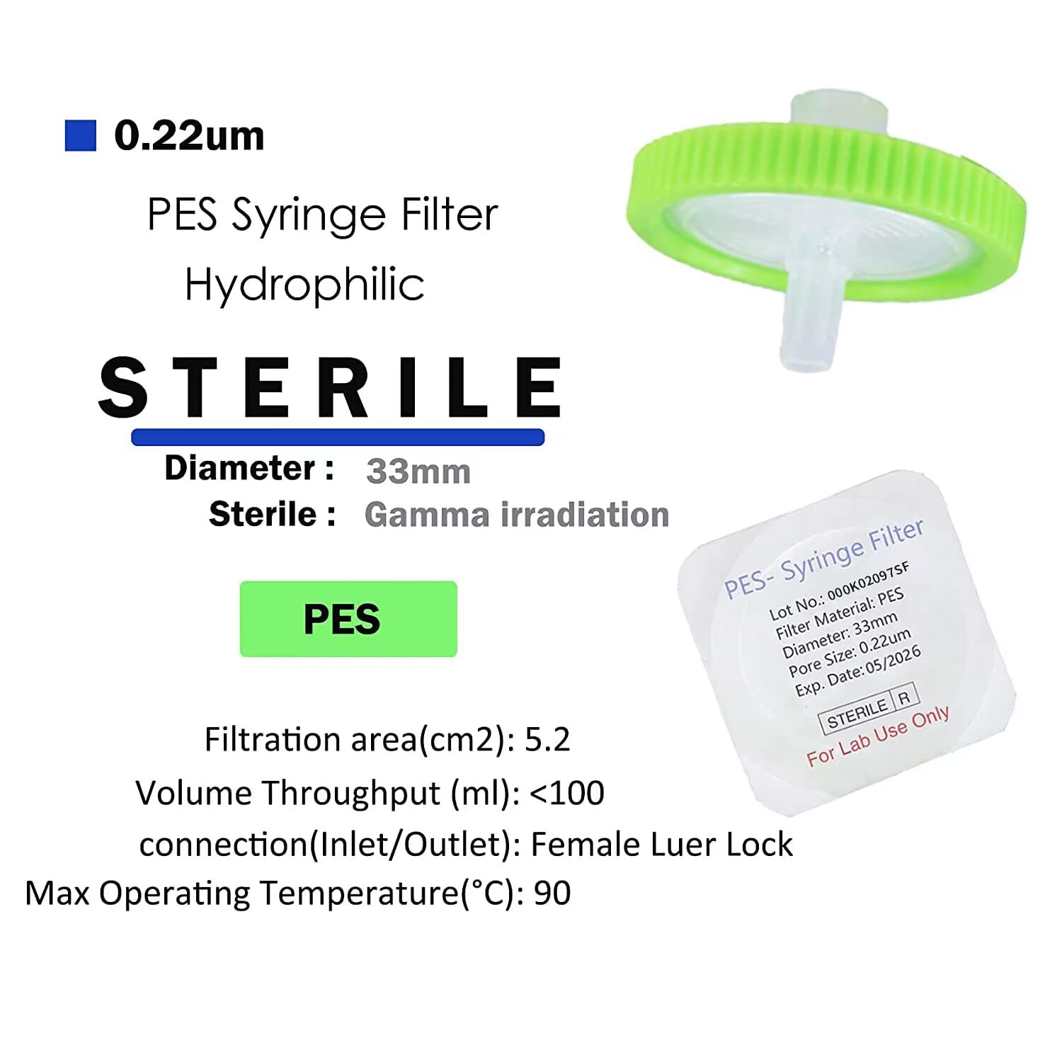 Paquete de 20 filtros de jeringa estéril PES 0.22 um tamaño de poro, diámetro de membrana de 1.299 in, filtración hidroplihica PES de alto