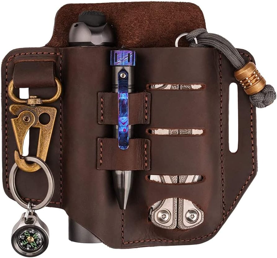 VIPERADE PJ13 Funda multiherramienta de cuero para cinturón, organizador de cinturón EDC de cuero para multiherramientas, linterna, bolígrafo, funda