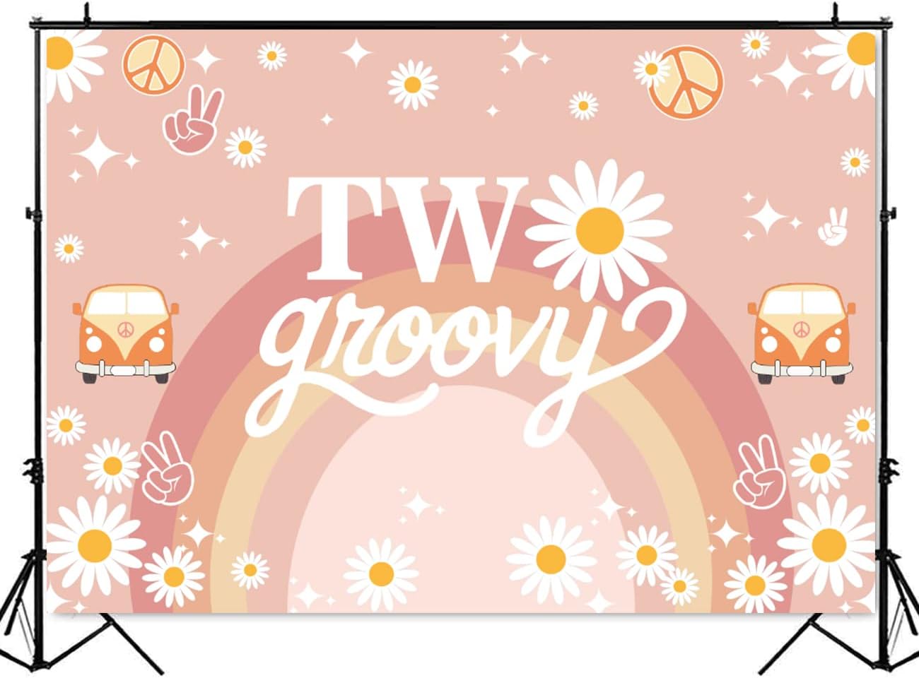 Mocsicka Fondo de 2 cumpleaños Groovy con texto en inglés “Two Groovy” para decoración de fiesta de cumpleaños de 2 cumpleaños, margarita, hippie,
