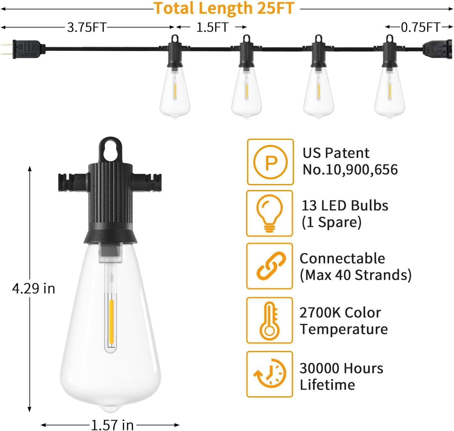 ZOTOYI Tira de luces para exteriores de 25 pies, impermeable, IP65, con 13 bombillas LED ST38 inastillables (1 repuesto), luces colgantes exteriores