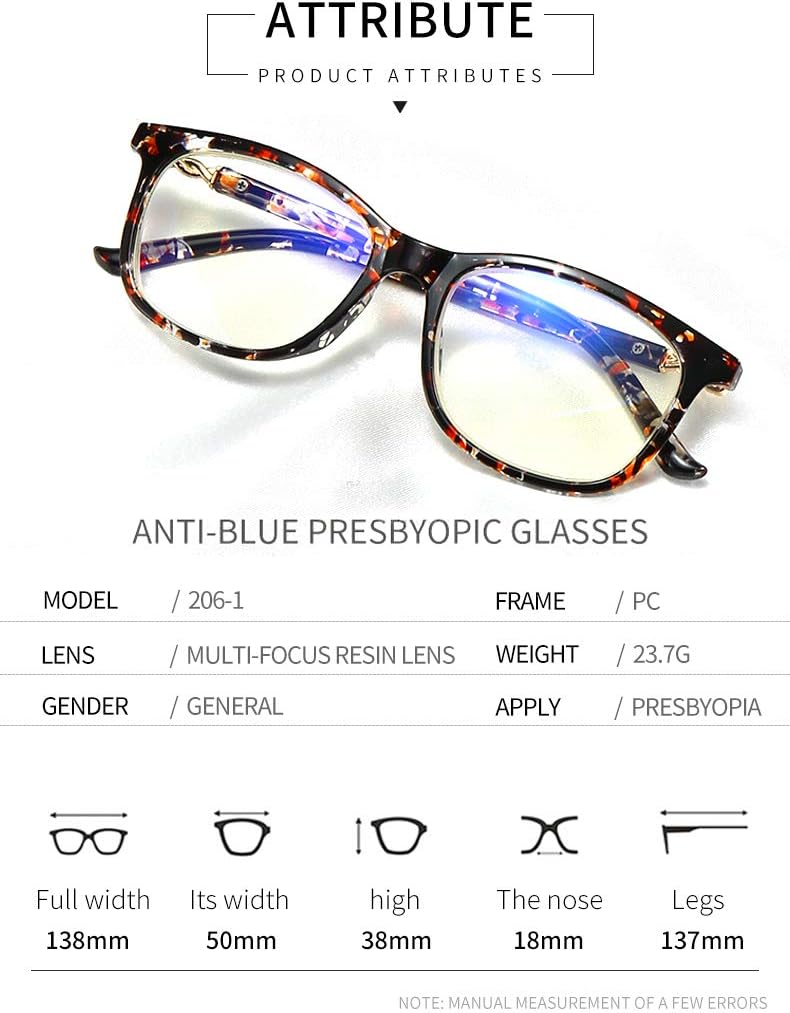 Gafas de lectura progresivas multienfoque para hombres y mujeres, sin línea, multifocales, lentes de lectura con bloqueo de luz azul, 100%