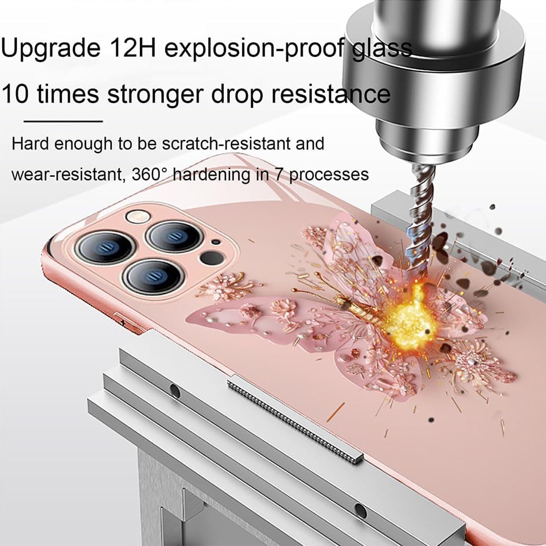 Funda de vidrio con patrón de mariposa 3D plana compatible con iPhone, funda para teléfono con cubierta de vidrio con patrón de mariposa (para