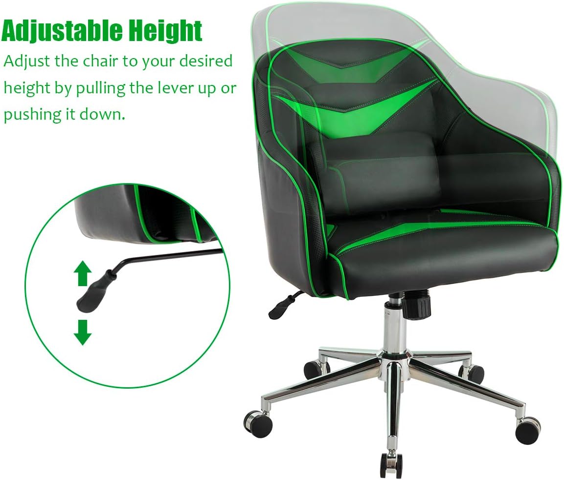 Giantex Silla de juegos de piel sintética, sillón de altura ajustable con respaldo medio con almohada lumbar de masaje, sillas de escritorio