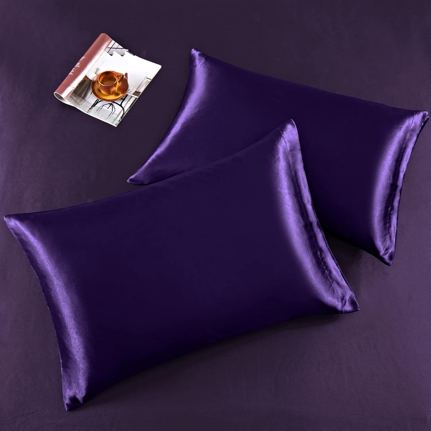 Juego de sábanas de satén de 6 piezas tamaño Queen de lujo, sedosas y suaves de satén morado con bolsillo profundo de 16 pulgadas, 1 sábana bajera,