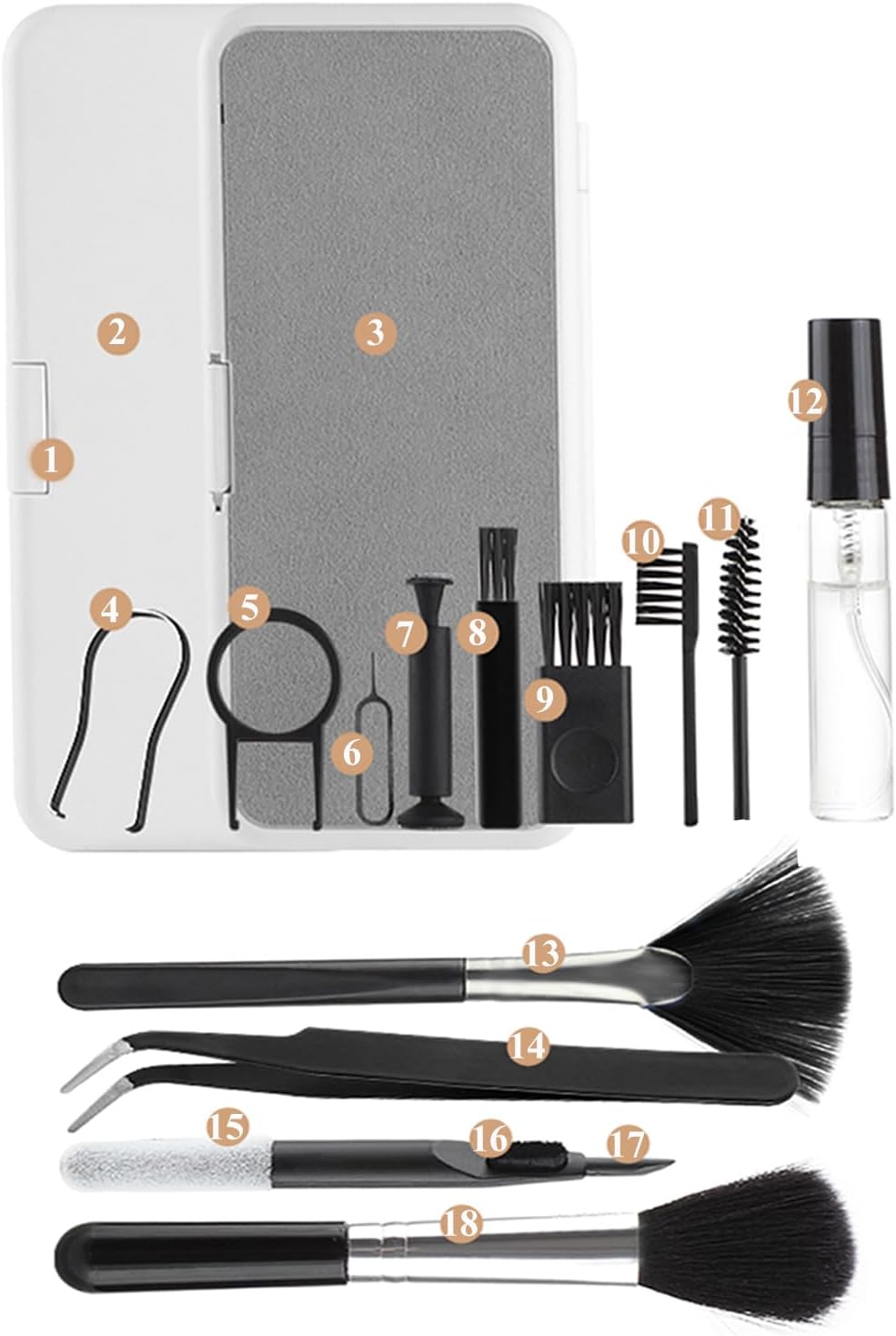 Kit de limpieza de cámara 18 en 1, pequeños accesorios multiherramienta con plumero de computadora, removedor de teclas de teclado, aerosol al