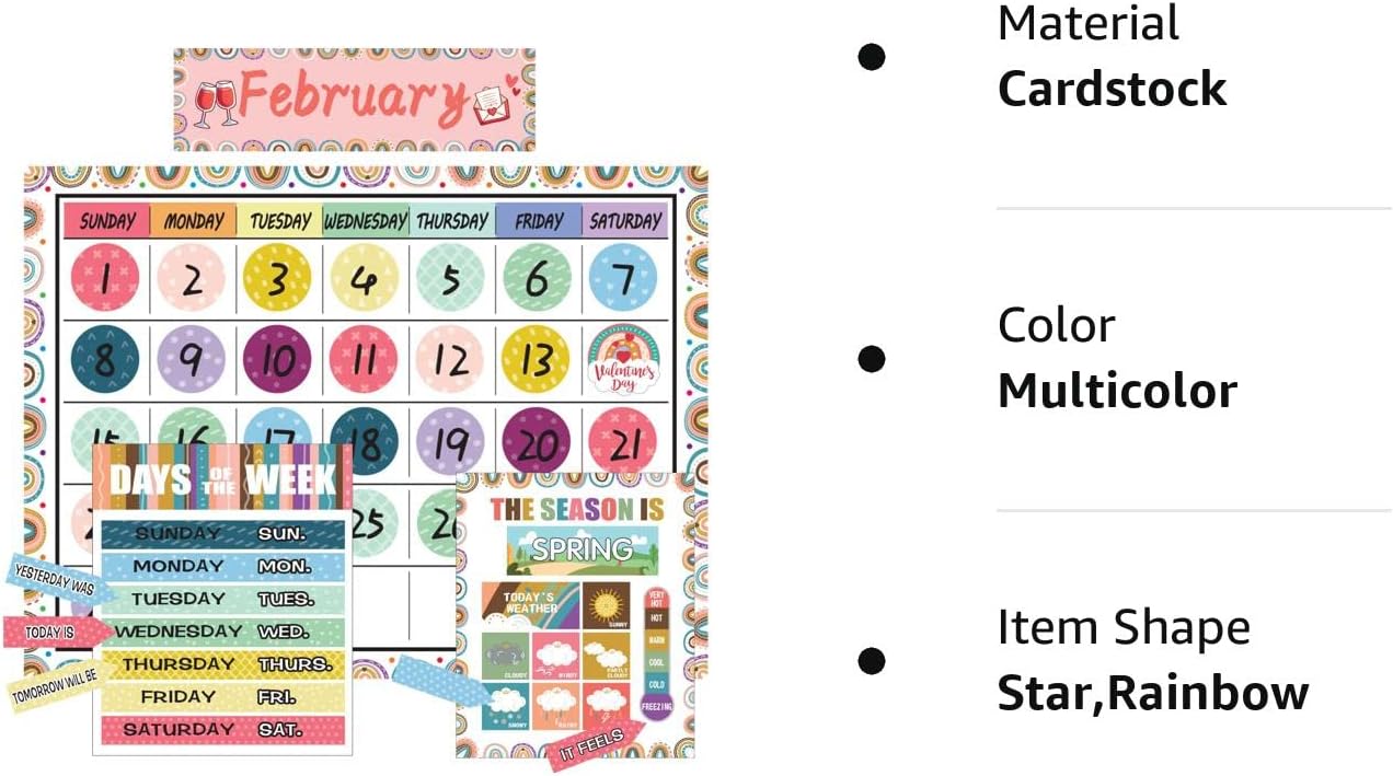 Juego de tablones de anuncios con calendario de arcoíris bohemio, calendario de estaciones, tabla de anuncios CTP y decoración de aula con