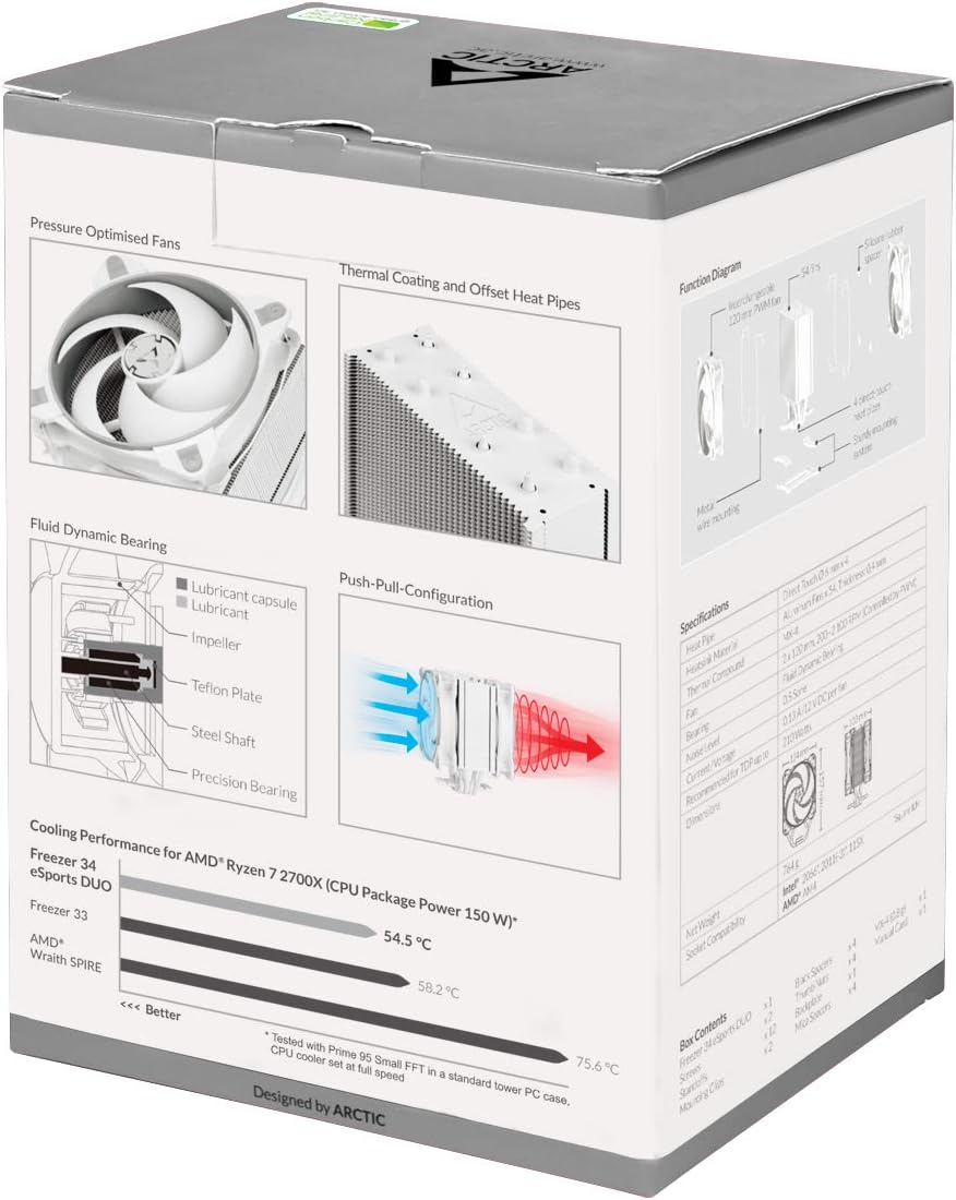 ARCTIC Freezer 34 Esports Duo – Ventilador de CPU en torre con carcasa BioniX P-Series en Push-Pull, enfriador de aire de CPU PWM de 4.724 in, para