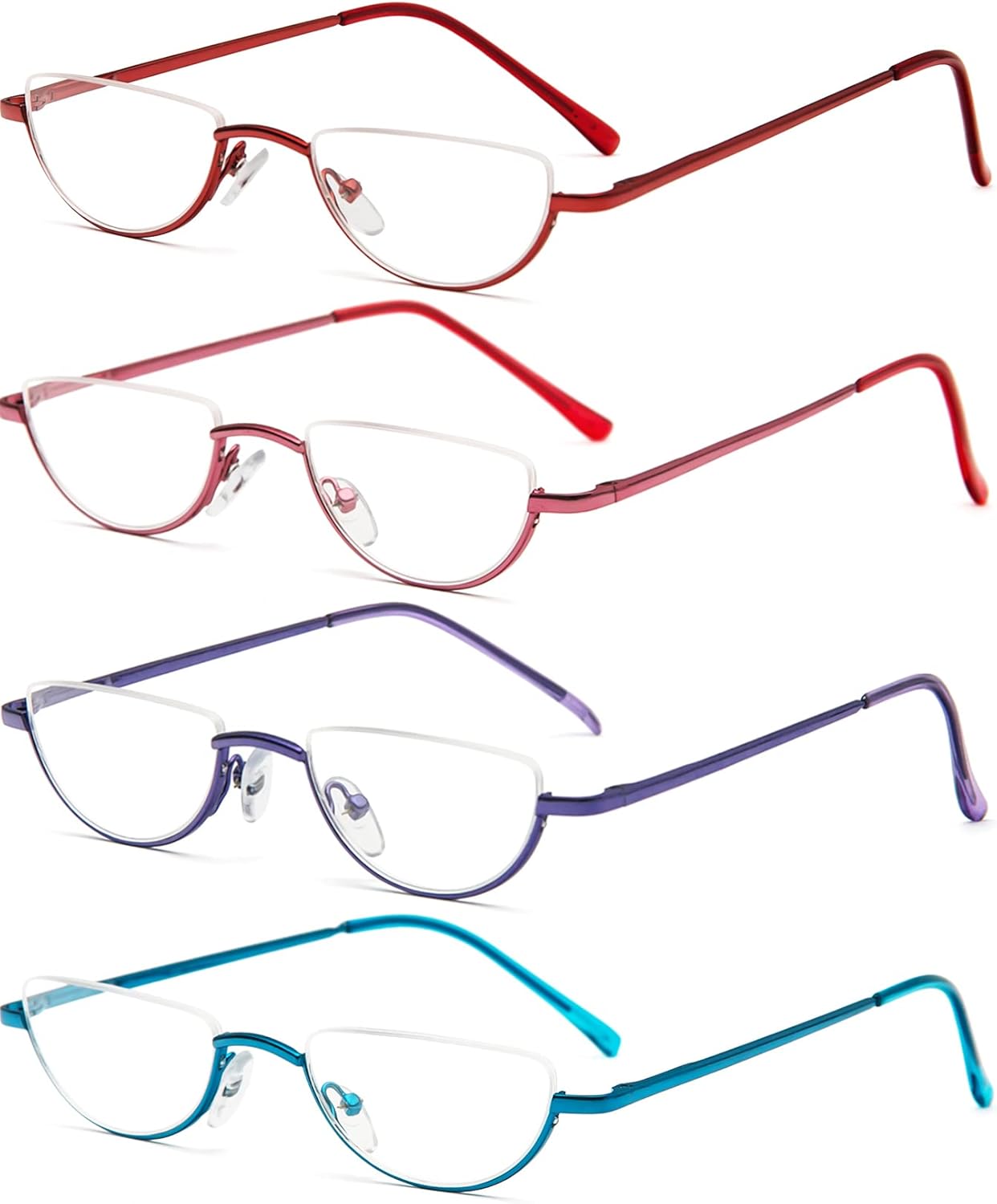REAVEE Paquete de 4 lentes de lectura de media lente para mujer, diseño retro, aleación de resorte, marco de metal, lectores de media luna con