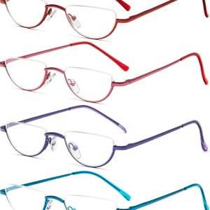 REAVEE Paquete de 4 lentes de lectura de media lente para mujer, diseño retro, aleación de resorte, marco de metal, lectores de media luna con REAVEE Paquete de 4 lentes de lectura de media lente para mujer, diseño retro, aleación de resorte, marco de metal, lectores de media luna con