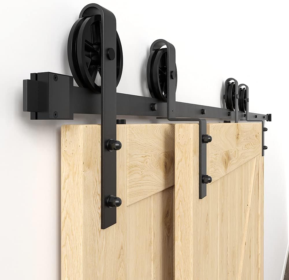 WINSOON Kit de herrajes para puerta corrediza de granero de 5 pies a 10 pies, pista única de 10 pies para puertas dobles, rueda de radios grande,