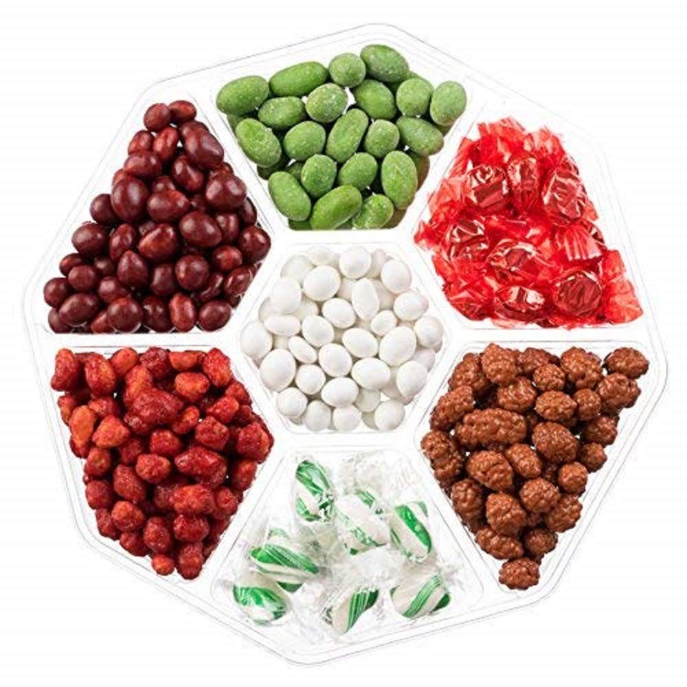 Cesta de regalo de nueces y dulces navideños (rojo y verde)  Surtido de 7 secciones  Arreglado ingeniosamente  Bandeja de regalo corporativa gourmet